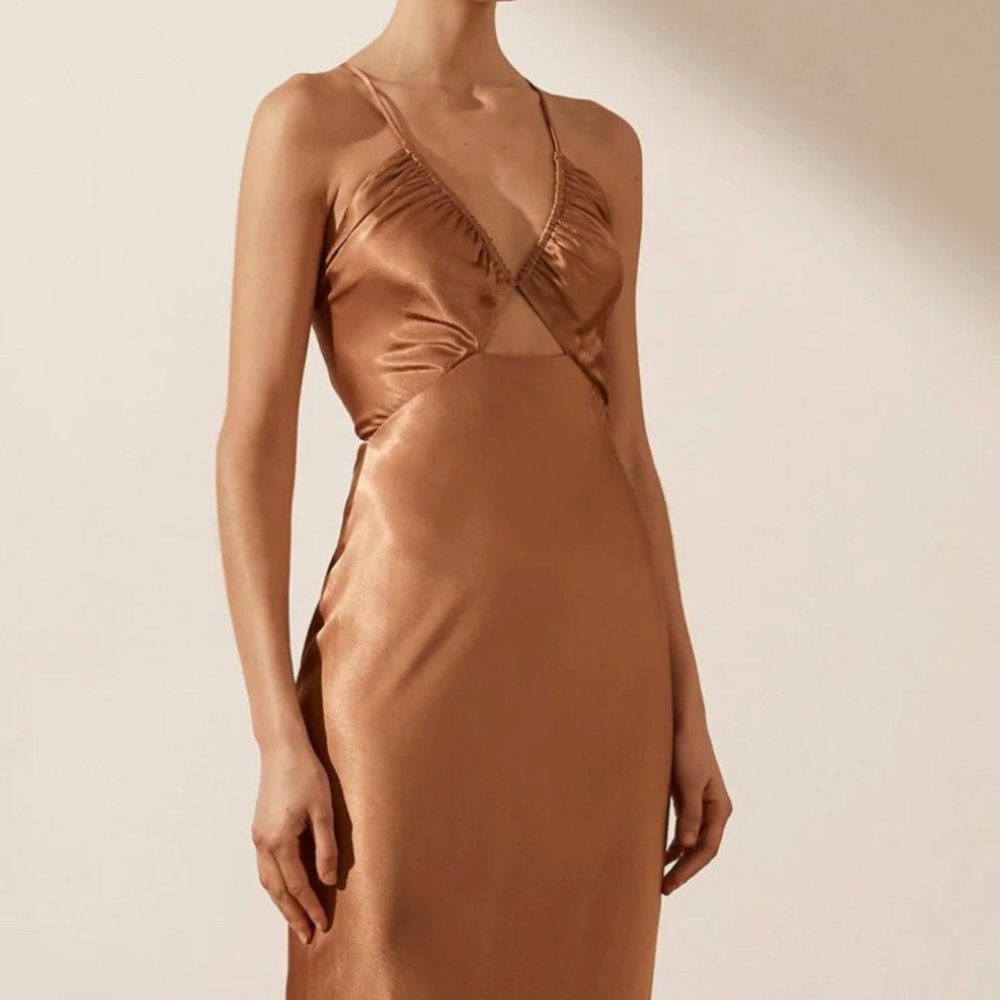 Shona Joy La Lune Ruched Bodice Midi Dress Copper